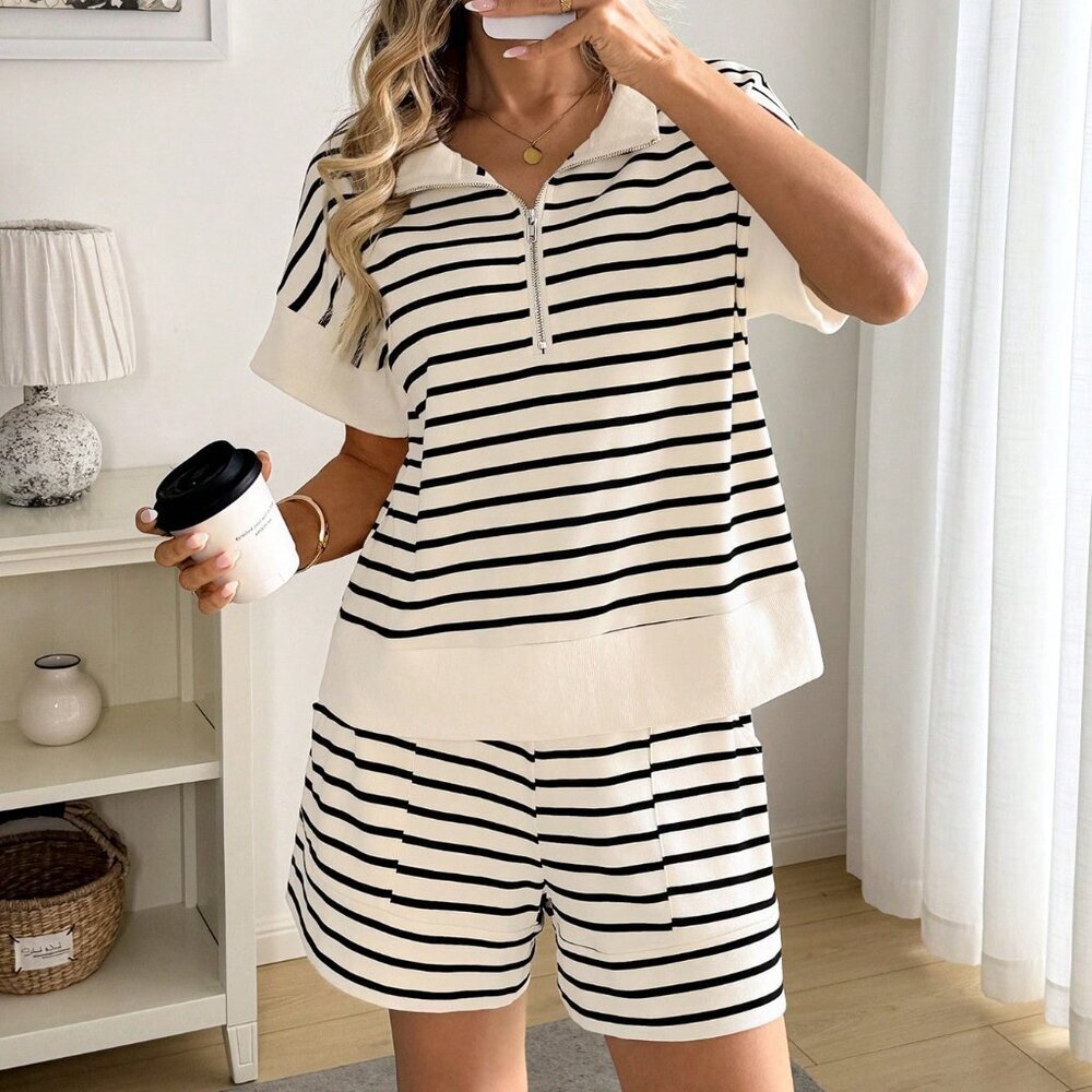 Multicolor Casual Women's Zip-Up Polo Collar Top and Shorts Outfit - Picture 3 of 8